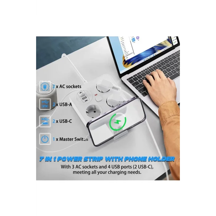 BUĞZ Akım Korumalı Anahtarlı Priz - 3x Priz - 2x Usb - 2x Type-c - 2 Mt Kablo Hızlı Şarj Özellikli Siyah