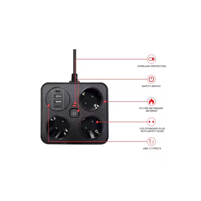 BUĞZ Akım Korumalı Anahtarlı Priz - 3x Priz - 2x Usb - 2x Type-c - 2 Mt Kablo Hızlı Şarj Özellikli Siyah