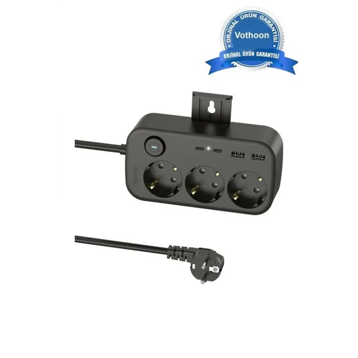 BUĞZ Akım Korumalı Priz 2 Usb + 2 Type-c Girişli 2 Metre Kablosu Anahtarlı Ve Duvara Monte Edilebilir