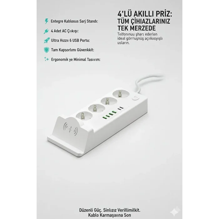 BUĞZ Akım Korumalı Priz Ve Masaüstü Şarj İstasyonu Kablosuz 4 Priz ,4 Usb, 2 Type-c Girişli 2 Metre