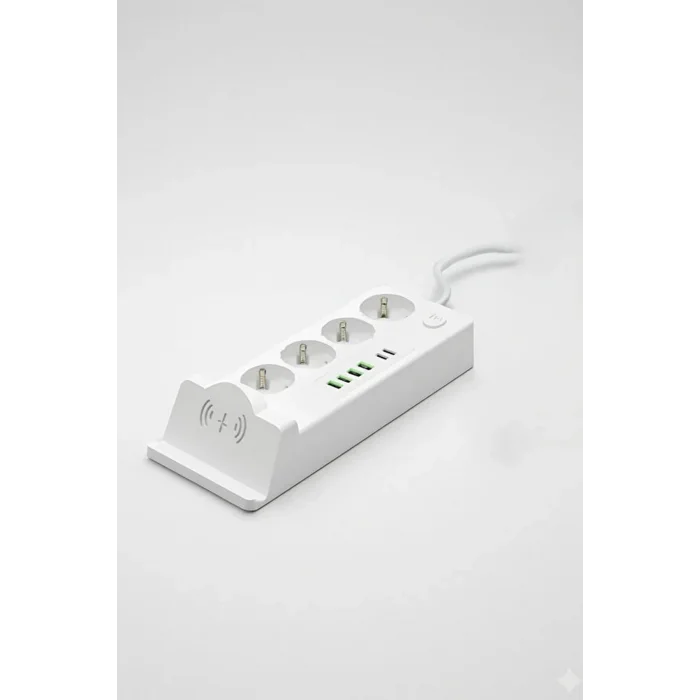 BUĞZ Akım Korumalı Priz Ve Masaüstü Şarj İstasyonu Kablosuz 4 Priz ,4 Usb, 2 Type-c Girişli 2 Metre