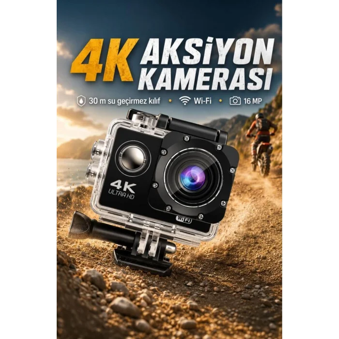 BUĞZ Aksiyon kamerası 4K çözünürlük wifi su geçirmez 3 ATM hafıza kartı desteği siyah
