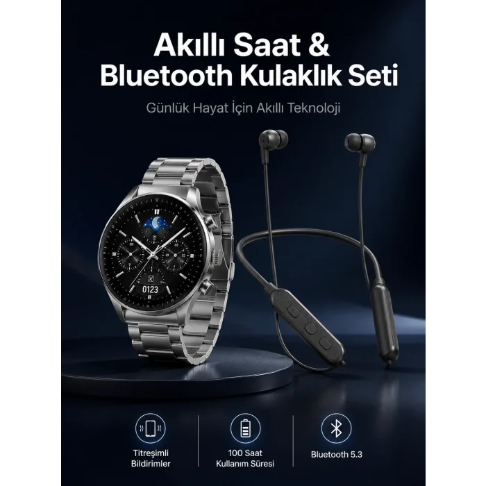 BUĞZ Alarm ve Titreşim Özellikli Akıllı Saat ve Mikrofonlu Kablolu Bluetooth Kulaklık 60 Saat