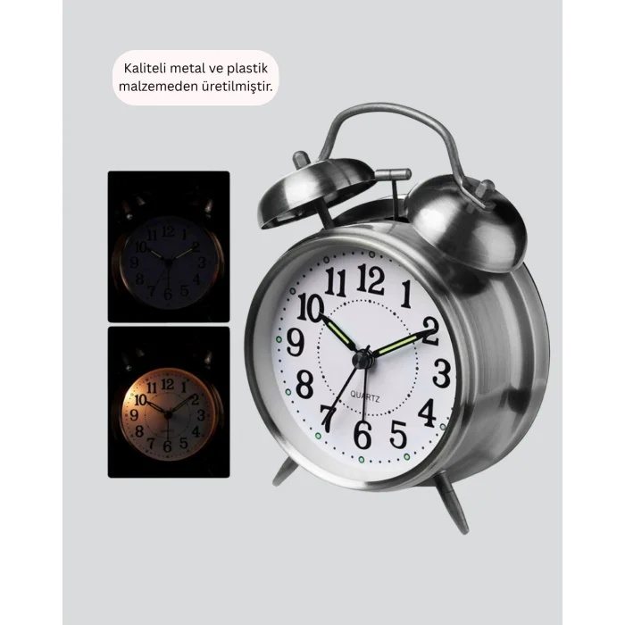 BUĞZ Alarmlı Dekoratif Yuvarlak Masa Saati Gümüş Renk Sessiz ve Işıklı