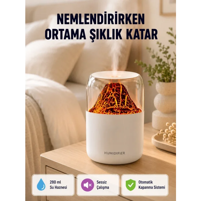 BUĞZ Alev Efektli Ultrasonik Uçucu Yağ Difüzörü 280ml Su Tanklı ve Sessiz Çalışma Özellikli