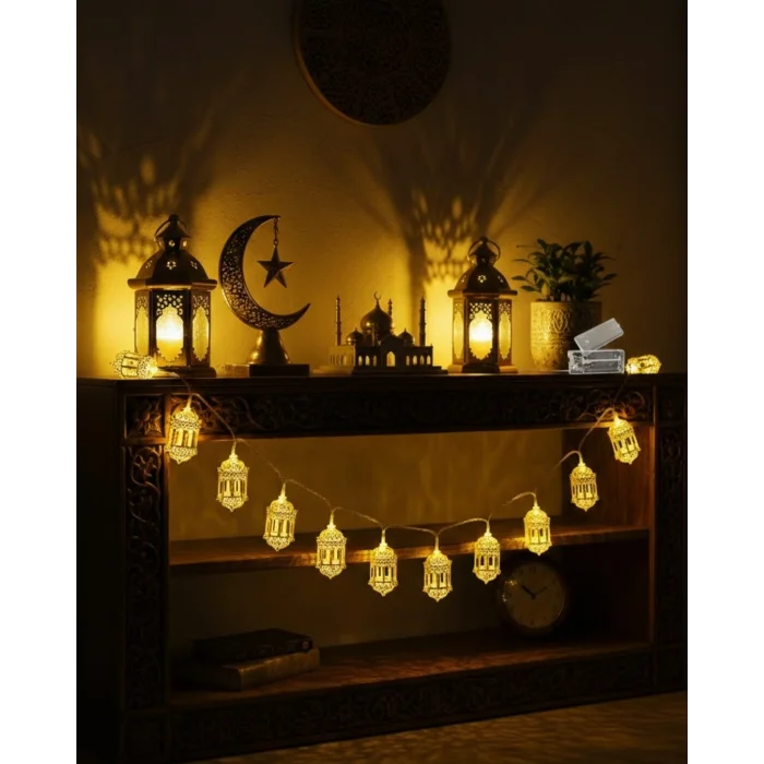 BUĞZ Altın Fener Detaylı Pilli Ramazan LED Işık Ev Dekorasyonu