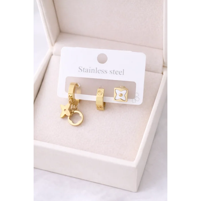 BUĞZ Altın Renk 3’lü Çelik Küpe Seti MODEL 5 – Yonca Figürlü, Kararmaz, Paslanmaz, Minimal & Şık Kadın Küpesi