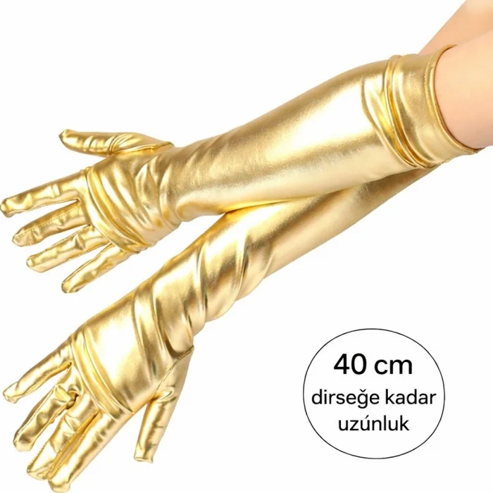 BUĞZ Altın Renk Dirsek Altı Lüks Saten Eldiven 40 cm