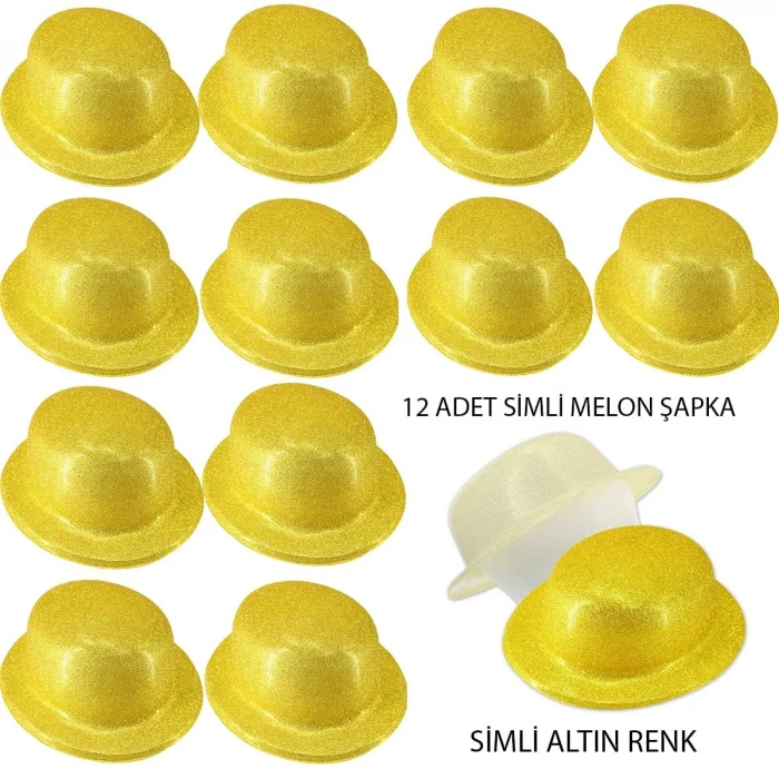 BUĞZ Altın Renk Simli Melon Yuvarlak Parti Şapkası 12 Adet