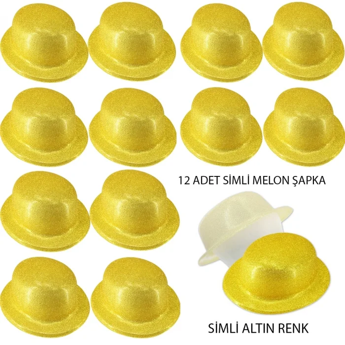  Altın Renk Simli Melon Yuvarlak Parti Şapkası 12 Adet
