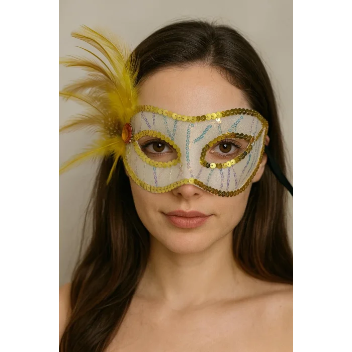 BUĞZ Altın Renk Yandan Tüylü Pul Payet İşlemeli Parti Maskesi 23x12 cm