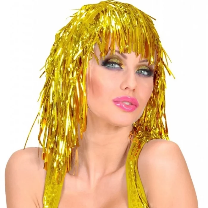 BUĞZ Altın Sarısı Işıltılı Metalize Parti Peruğu