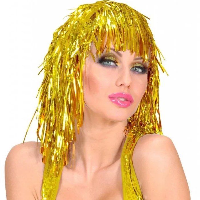 BUĞZ Altın Sarısı Işıltılı Metalize Parti Peruğu