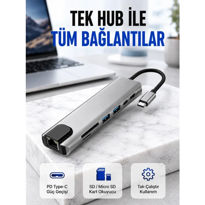 BUĞZ Alüminyum Gövdeli Type‑C HDMI & Ethernet Adaptör – Tak & Çalıştır
