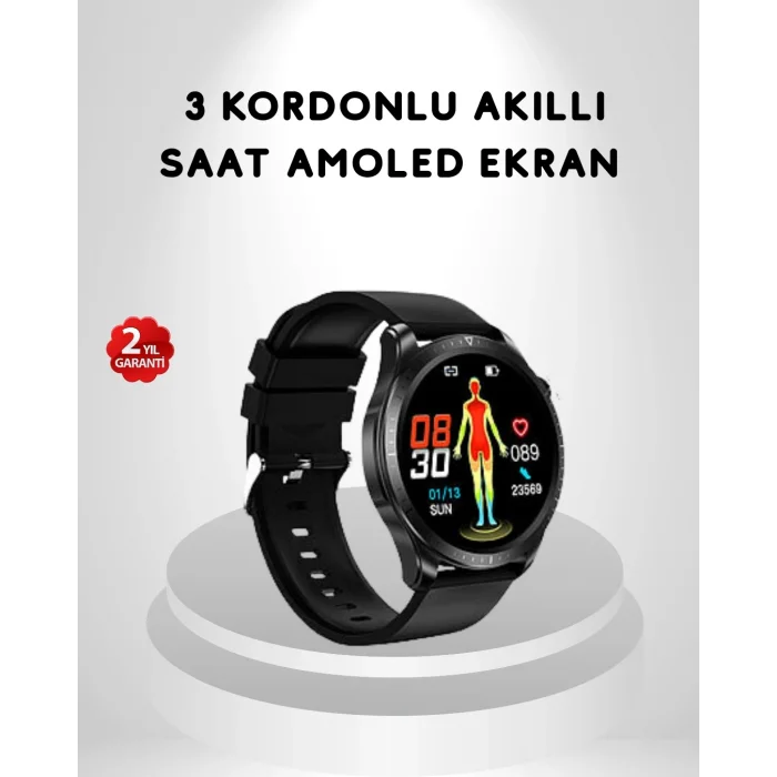 BUĞZ AMOLED Ekranlı Akıllı Saat – 3 Kordon Seçenekli, Suya Dayanıklı, Kalp Atış ve Uyku Takip Özellikli