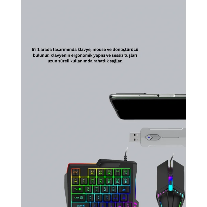 BUĞZ Android Uyumlu Mobil Oyun Kiti 5in1 Klavye Mouse Dönüştürücü Gecikmesiz FPS Set