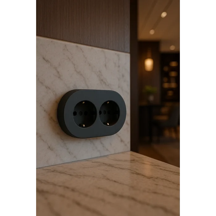 BUĞZ Antrasit Renk İkili Topraklı Priz – Modern Sıva Üstü Duvar Prizi, Lüks Dekoratif Elektrik Priz Çift Girişli
