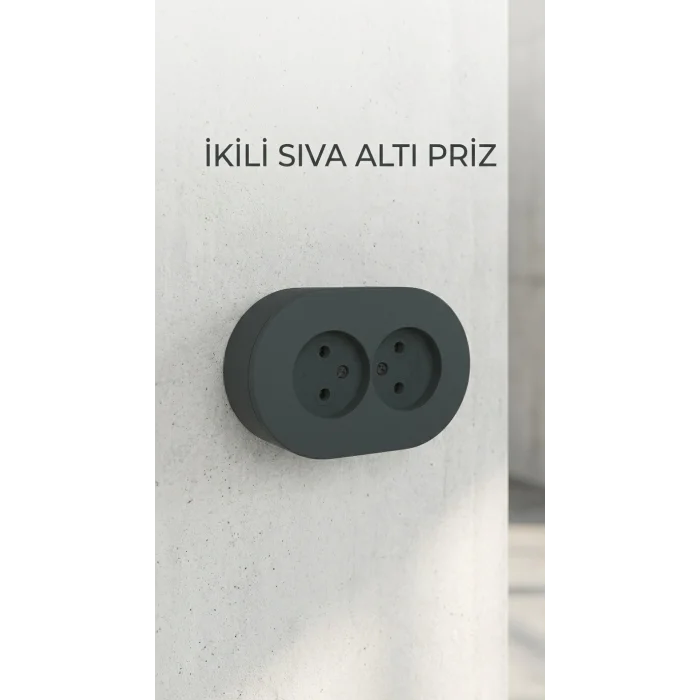 BUĞZ Antrasit Renkli İkili Topraklı Priz - Sıva Üstü Kullanım İçin Uygun