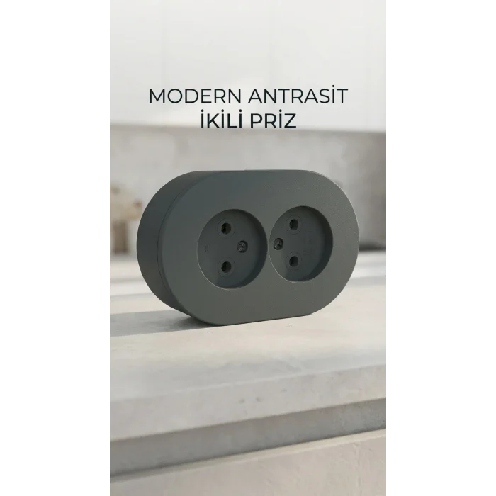 BUĞZ Antrasit Renkli Sıva Üstü İkili Topraklı Priz, Çiftli Elektrik Bağlantısı