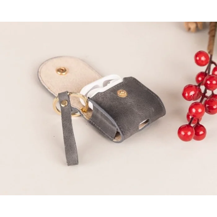  Apple AirPods 2.nesil Uyumlu Deri Kılıf Mai Snap VS05 Gri