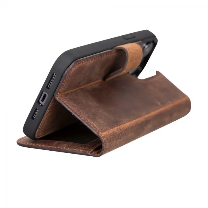  Apple iPhone 12 Pro Max Uyumlu Deri Cüzdanlı Kılıf Antik Kahve