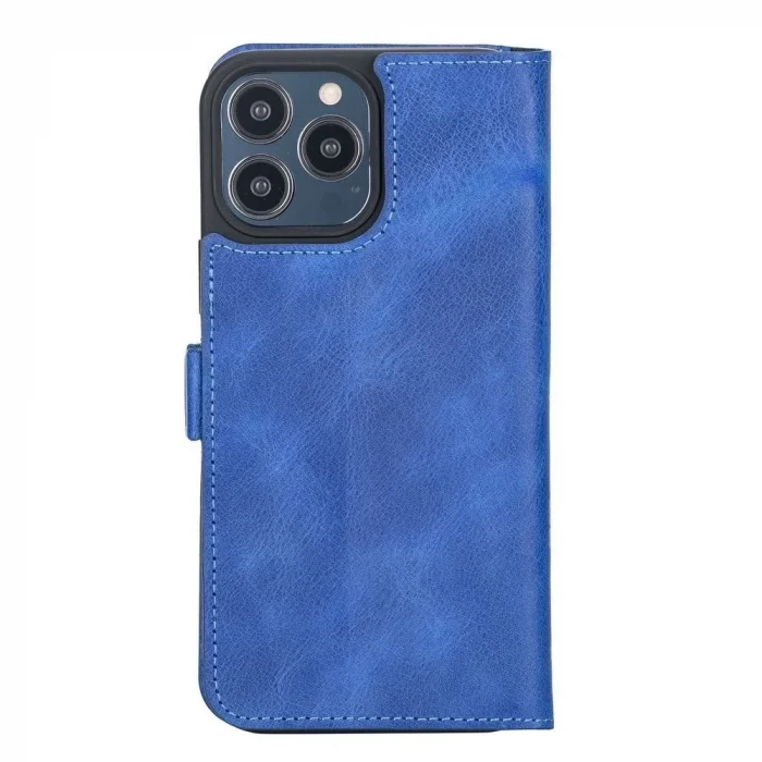 BUĞZ Apple iPhone 13 Pro Max Uyumlu Deri Cüzdanlı Kılıf Okyanus Mavi