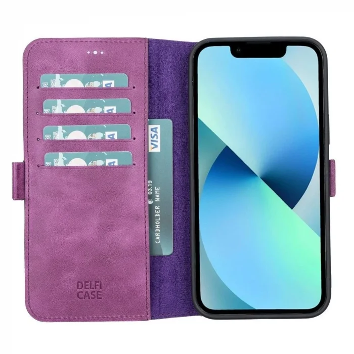 BUĞZ Apple iPhone 13 Pro Max Uyumlu Deri Cüzdanlı Kılıf Rustik Mor