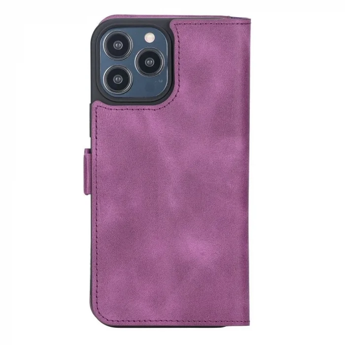 BUĞZ Apple iPhone 13 Pro Max Uyumlu Deri Cüzdanlı Kılıf Rustik Mor