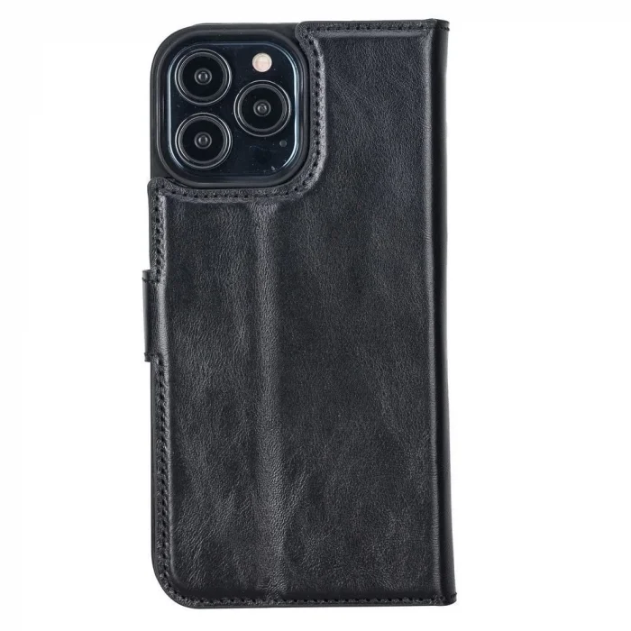 Apple iPhone 13 Pro Max Uyumlu Deri Cüzdanlı Kılıf Rustik Siyah