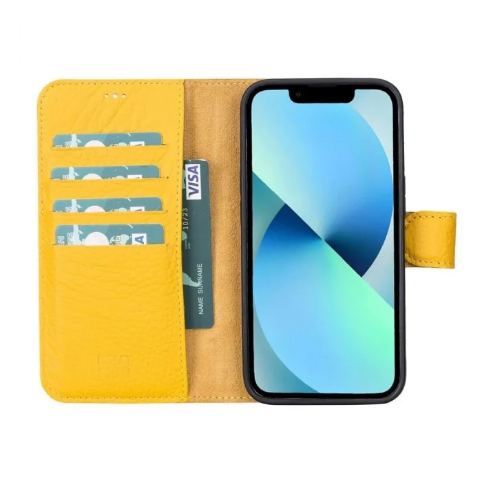  Apple iPhone 13 Pro Uyumlu Deri Cüzdanlı Kılıf Limon Sarı