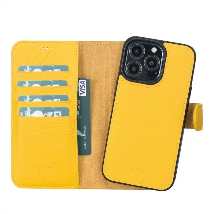  Apple iPhone 13 Pro Uyumlu Deri Cüzdanlı Kılıf Limon Sarı