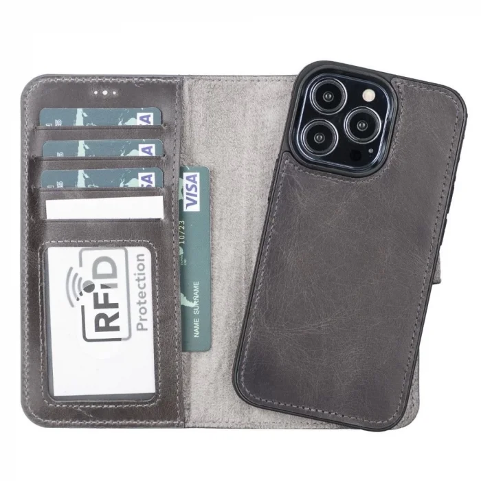  Apple iPhone 13 Pro Uyumlu Deri Cüzdanlı Kılıf MWWN TN1 Gri