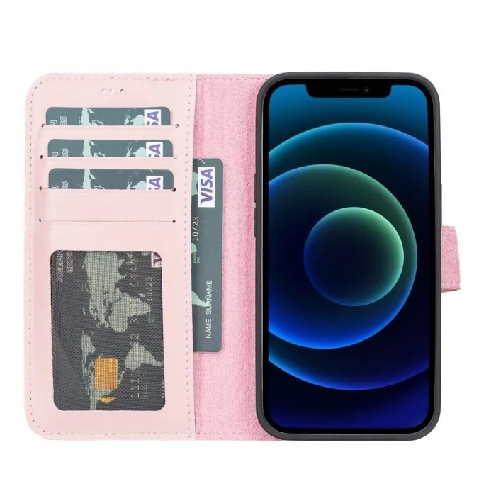  Apple iPhone 13 Pro Uyumlu Deri Cüzdanlı Kılıf NU2 Pembe