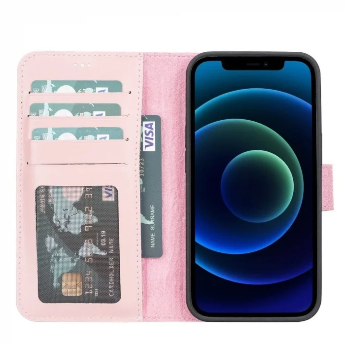  Apple iPhone 13 Uyumlu Deri Cüzdanlı Kılıf NU2 Pembe
