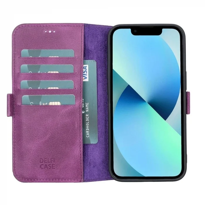  Apple iPhone 13 Uyumlu Deri Cüzdanlı Kılıf Rustik Mor
