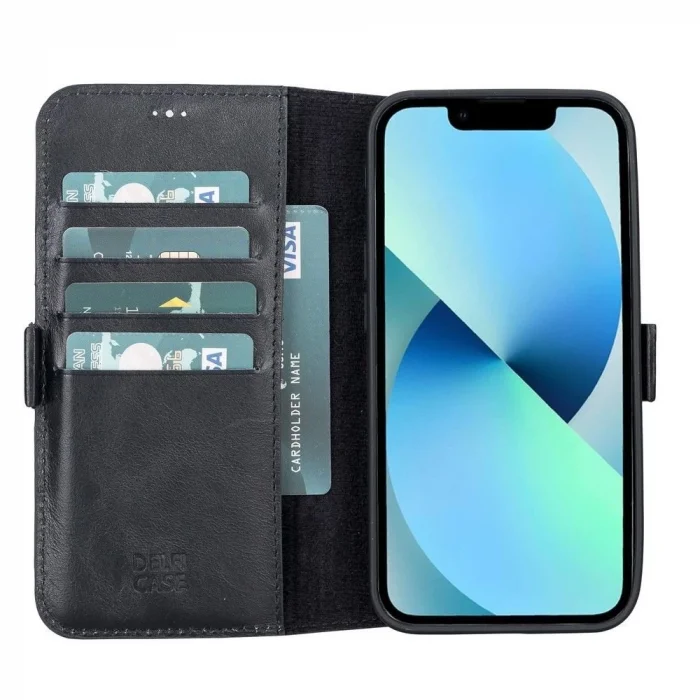  Apple iPhone 13 Uyumlu Deri Cüzdanlı Kılıf Rustik Siyah