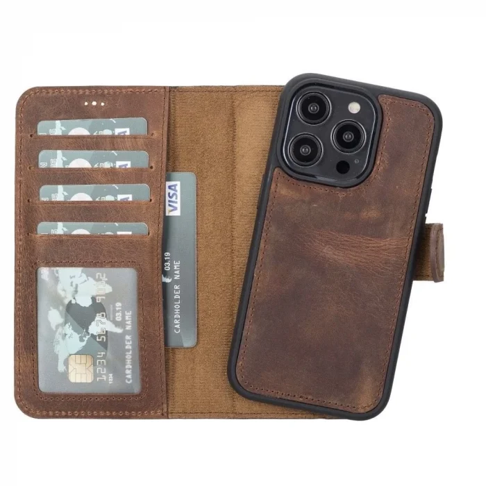  Apple iPhone 14 Pro Uyumlu Deri Cüzdanlı Kılıf MWWN G2 Kahve