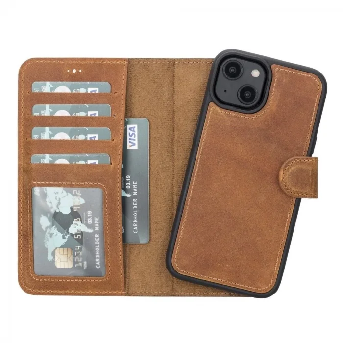  Apple iPhone 14 Uyumlu Deri Cüzdanlı Kılıf MWWN G19 Taba