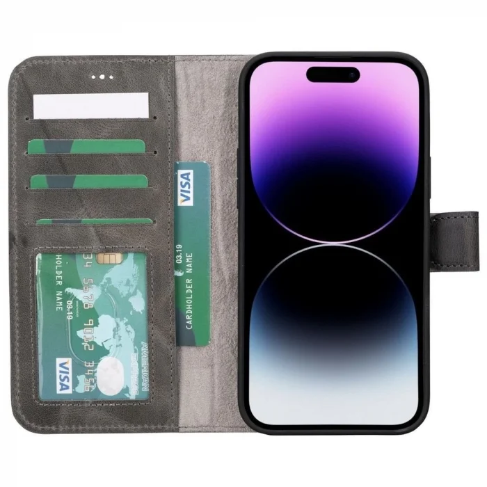  Apple iPhone 15 Plus Uyumlu Deri Cüzdanlı Kılıf MWWN VS4EF Gri