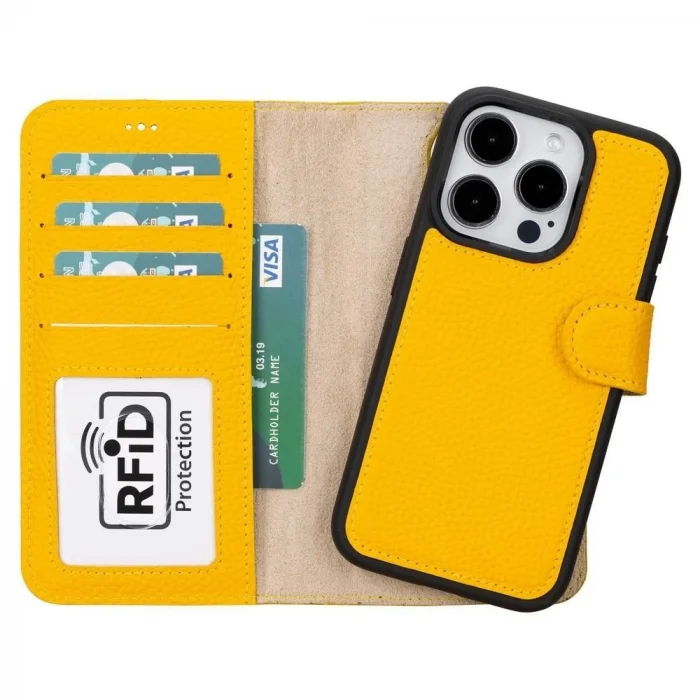  Apple iPhone 15 Pro Uyumlu Deri Cüzdanlı Kılıf MWWN FL12 Sarı