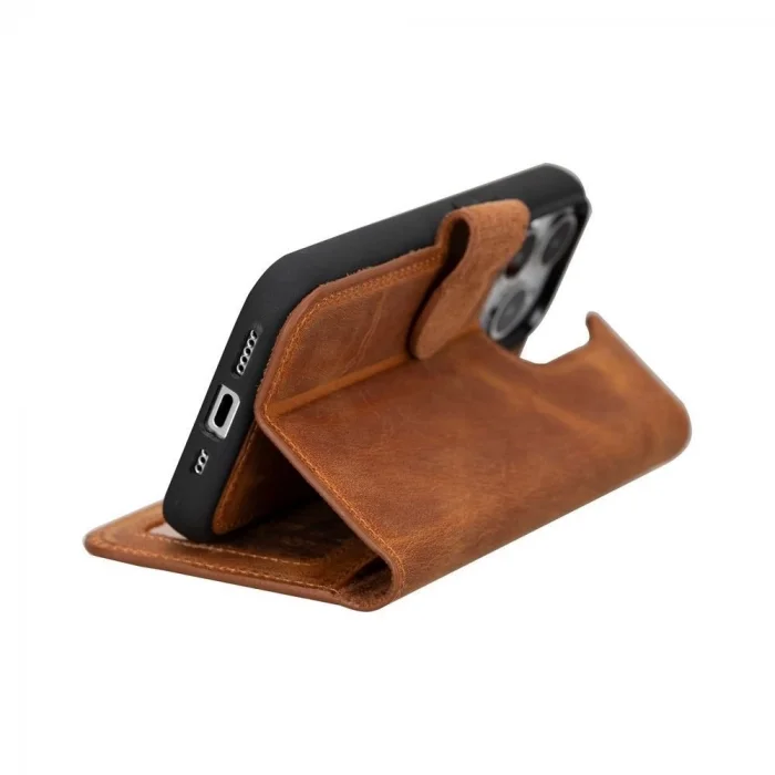  Apple iPhone 15 Pro Uyumlu Deri Cüzdanlı Kılıf MWWN G19 Taba