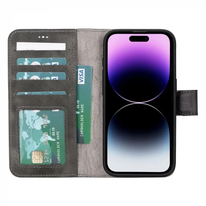  Apple iPhone 15 Pro Uyumlu Deri Cüzdanlı Kılıf MWWN VS4EF Gri