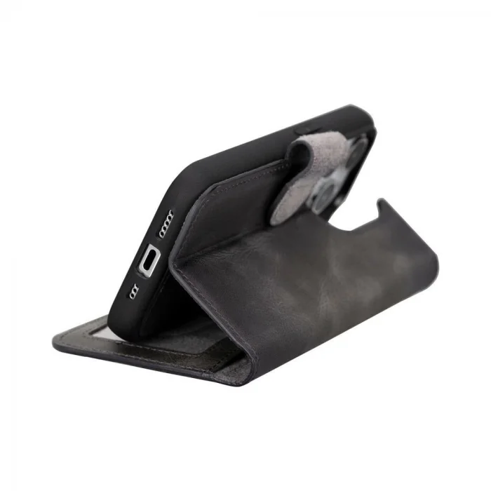  Apple iPhone 15 Pro Uyumlu Deri Cüzdanlı Kılıf MWWN VS4EF Gri