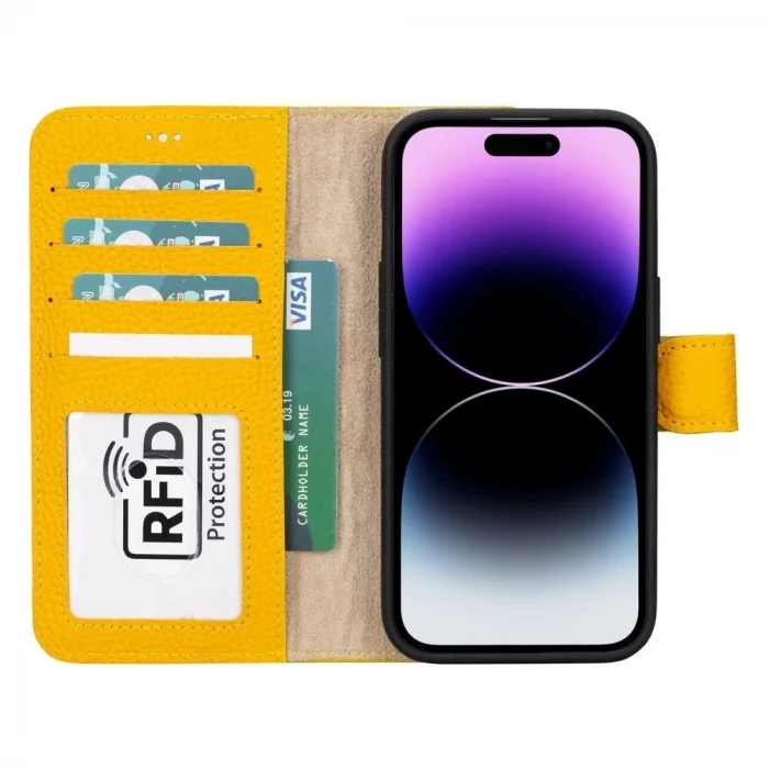  Apple iPhone 15 Uyumlu Deri Cüzdanlı Kılıf MWWN FL12 Sarı