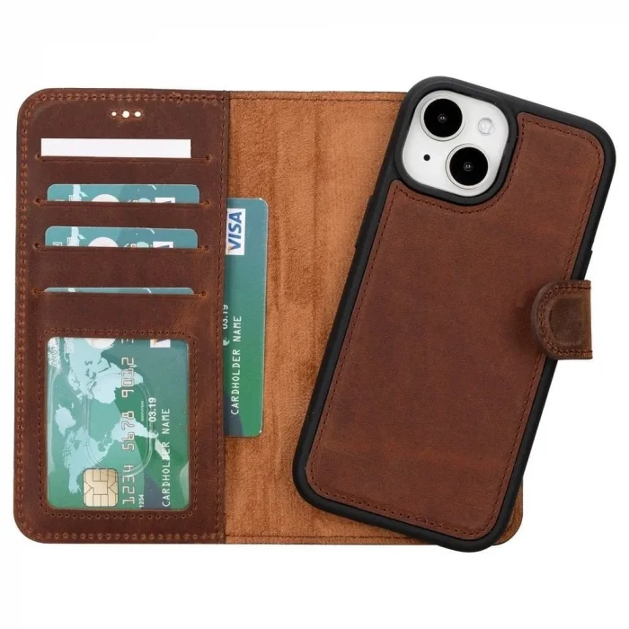  Apple iPhone 15 Uyumlu Deri Cüzdanlı Kılıf MWWN G2 Kahve