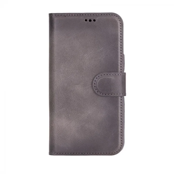  Apple iPhone 16 Plus uyumlu, Hakiki Deri, El Yapımı, Cüzdanlı Kılıf, Gölgeli Gri