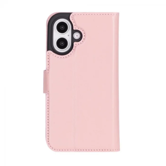  Apple iPhone 16 Plus uyumlu, Hakiki Deri, El Yapımı, Cüzdanlı Kılıf, Toz Pembe