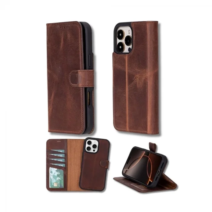  Apple iPhone 16 Pro Max uyumlu, Hakiki Deri, El Yapımı, Cüzdanlı Kılıf, Antik Kahve