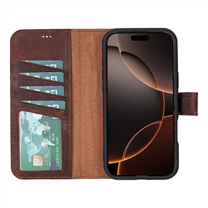  Apple iPhone 16 Pro uyumlu, Hakiki Deri, El Yapımı, Cüzdanlı Kılıf, Antik Kahve