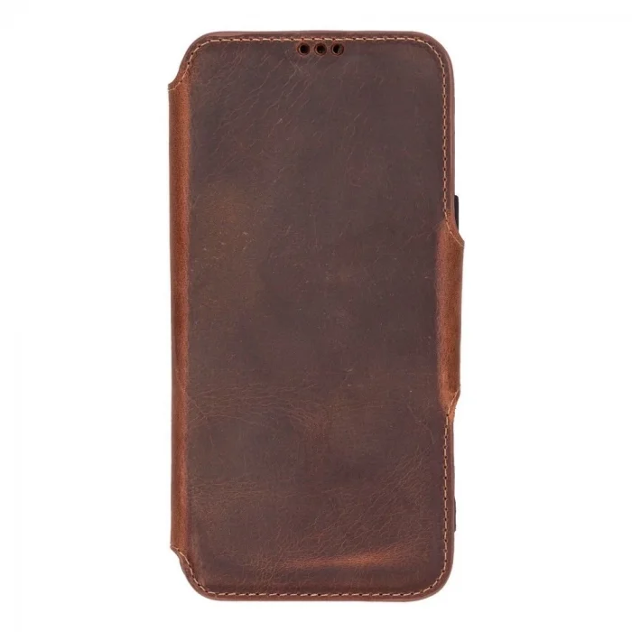  Apple iPhone 16 Pro uyumlu, Hakiki Deri, El Yapımı, Cüzdanlı Kılıf, Antik Kahve